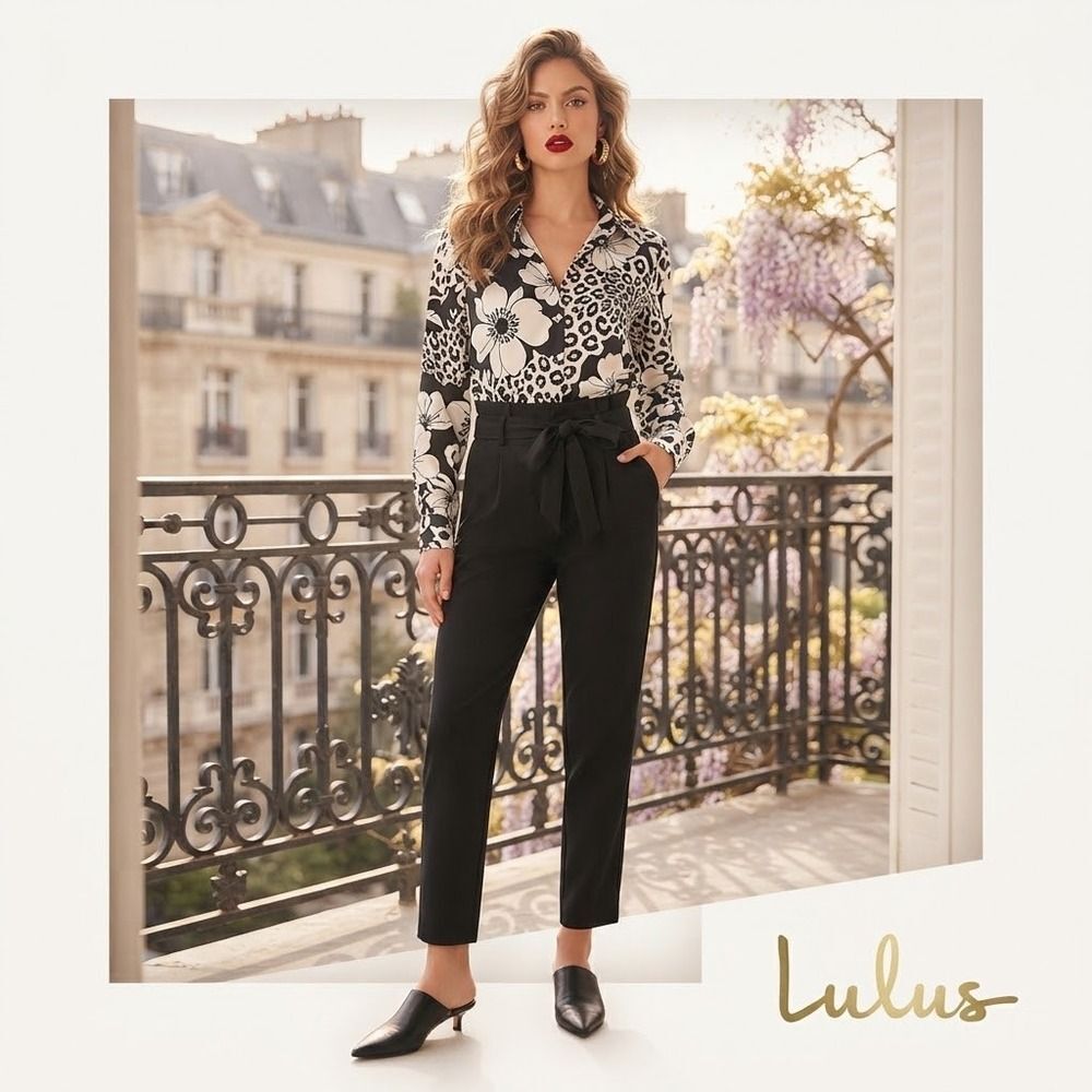 Lulus Black Paperbag Waist Tapered Pants High Rise Tie Waist Trousers Small